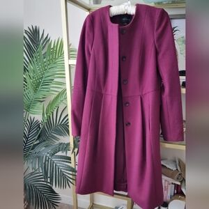 Wine Red / Burgundy Ann Taylor Long Pleated Wool Dress Coat - Women's Size 6